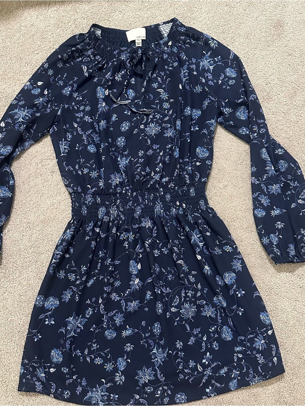 Greylin Women’s Navy Blue Floral Smocked Waist Dress XS EUC
